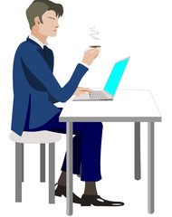 Vector illustration of man sitting at a table with a laptop and a cup of coffee on white background 