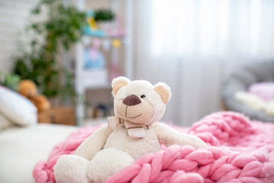 Cute white soft Teddy bear, sitting in soft Merino blanket, knitting, on bed