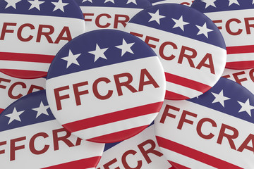 Families First Coronavirus Response Act Badges: Pile of FFCRA Buttons With US Flag, 3d illustration