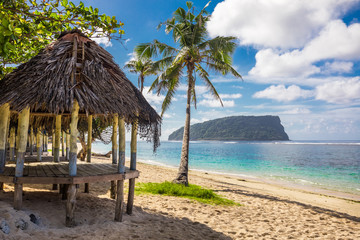 Lalomanu beach with open huts called fales, south side of Upolu Island, Samoa