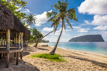 Lalomanu beach with open huts called fales, south side of Upolu Island, Samoa