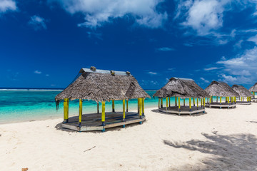 Lalomanu beach with open huts called fales, south side of Upolu Island, Samoa