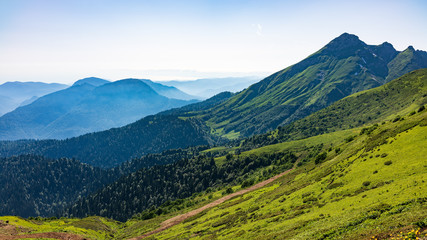 Naklejka premium View over the Green Valley, surrounded by high mountains on a summer sunset. Layers of mountains in the haze during sunset.