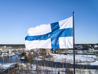 Aerial view of Finnish flag on the tower of Town Hall in Joensuu