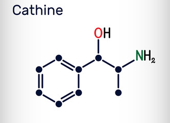 Cathine, norpseudoephedrine, C9H13NO molecule. It is alkaloid, psychoactive drug with stimulant properties.  it is found naturally in Catha edulis, khat. Structural chemical formula
