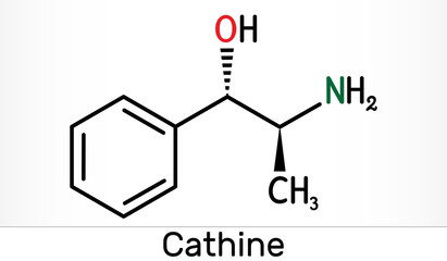 Cathine, norpseudoephedrine, C9H13NO molecule. It is alkaloid, psychoactive drug with stimulant properties.  it is found naturally in Catha edulis, khat. Skeletal chemical formula