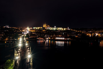 Panoramic View from Charles Bridge of Prague Castle, St Vitus Cathedral across the Vltava River