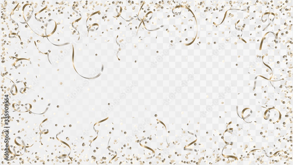 Wall mural golden confetti and ribbons on a transparent background, frame of party decorations