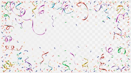 Colorful confetti and ribbons on a transparent background, frame of party decorations