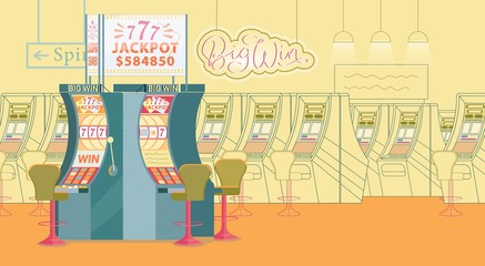 Large Game Hall with Slot Machine and Bright Sign.