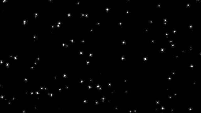White particles in the form of stars with different transparency randomly moving on a black background, computer moving graphics mini video clip
