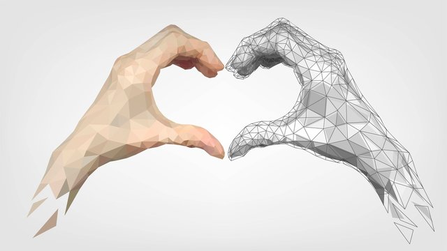 Human and robot low poly hands folded heart made of fingers, gesture of friendship and love of people and machines