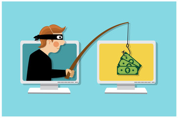 A masked thief holds a fishing rod and steals money over the Internet