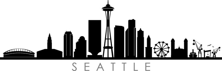SEATTLE City Skyline Silhouette Cityscape Vector - obrazy, fototapety, plakaty