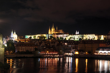 View of St Vitus Cathedral and Mala Strana, Prague, lit up at night