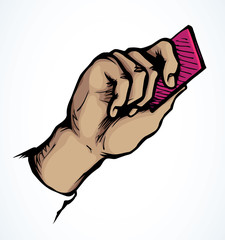 Hand with business card. Vector drawing