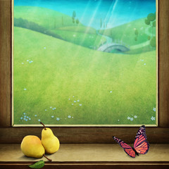 Fantasy texture background with old window and rural landscape. 