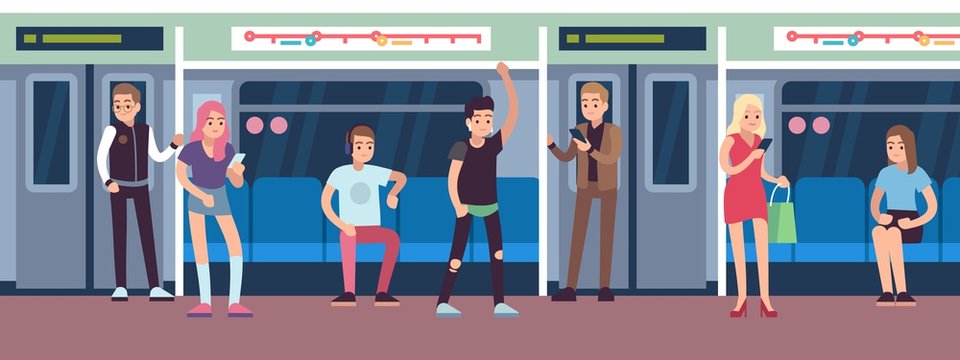 People in subway. Urban underground mass transit with female, male characters, public transport subway wagon in metropolis. Vector concept