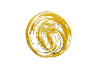 Vitamin C serum, cosmetic gel texture. Transparent yellow gel with bubbles in a beautiful smear