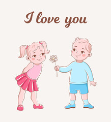 Girl and boy romantic card. Cartoon cute kids with flowers in love on date. Great relationship vector concept