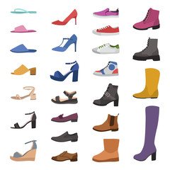 Shoes and boots. Various types footwear, mens, womens and childrens trendy casual, stylish elegant and formal shoes cartoon vector set