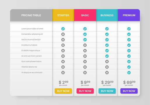 Pricing tab. Comparison pricing list, services cost table. Menu planning compare products tariff plans infographics vector template