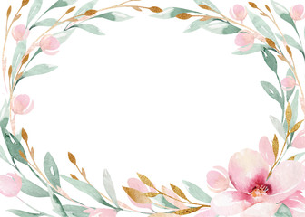 Spring bird on blooming branch with green leaves and flowers. Watercolor wedding invitation card blossom painting. Hand drawn pink wreath design. Cherry isolated branch decoration.