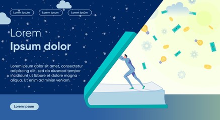 Man Opens Book from her Shine Light Bulb and Money