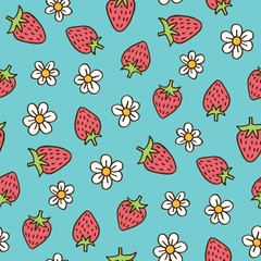 Colorful Hand-Drawn Felt Tip Marker Strawberries and Blooms on Sky Blue Background Vector Seamless Pattern. Cute Summer Trendy Kids Print for Fashion, Textiles