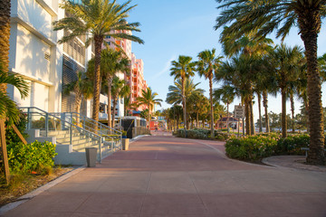 Clearwater Beach Florida. Boardwalk along the Gulf of Mexico. Hotels lit by the sunset light. Palm alley. Spring or summer vacations. 