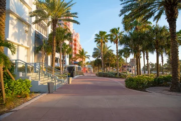 Photo sur Plexiglas Clearwater Beach, Floride Clearwater Beach Florida. Boardwalk along the Gulf of Mexico. Hotels lit by the sunset light. Palm alley. Spring or summer vacations. 