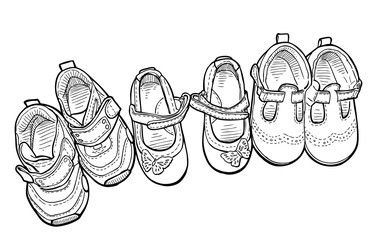 Outline drawings of top view of set shoes for little children