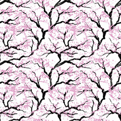 Blooming tree painted in japanese style, seamless pattern