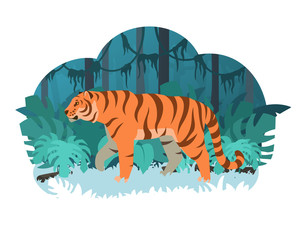 Cartoon tiger walking in a tropical jungle. Stock vector illustration. Rainforest inhabitants.