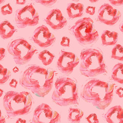 Seamless raster pattern of red watercolor hearts on a pink background. Simple, roughly drawn elements.