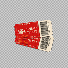 Two movie tickets vector illustration in realistic style isolated on transparent background. Vector EPS 10