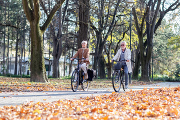 Fototapeta premium Mature fit couple ride in bicycles thru public park