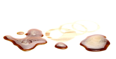 Spilled espresso coffee with foam, stains isolated on white background and texture