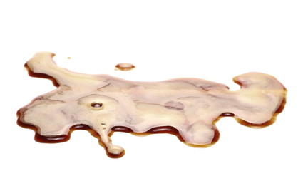 Spilled espresso coffee with foam, stains isolated on white background and texture