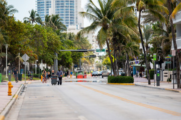 Street scene Miami Beach citizens ordered to stay at home to slow spread of Coronavirus Covid 19
