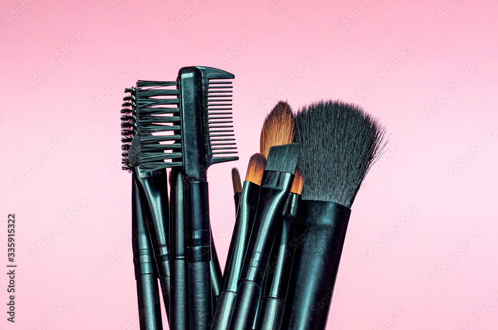 Wall mural Set of professional different sizes make up brushes on pink background