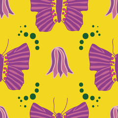 Vector patten, lila violet buterflz and flowers, green dots, on yellow background.