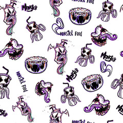 Funny monsters seamless pattern for coloring book. Food monsters. Vector illustration