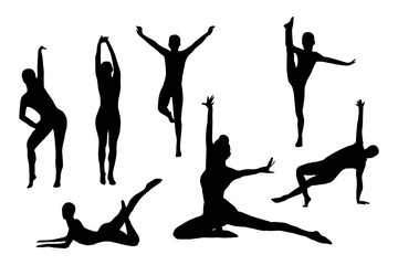 Girls make gymnastic. Different poses silhouettes set on whie background