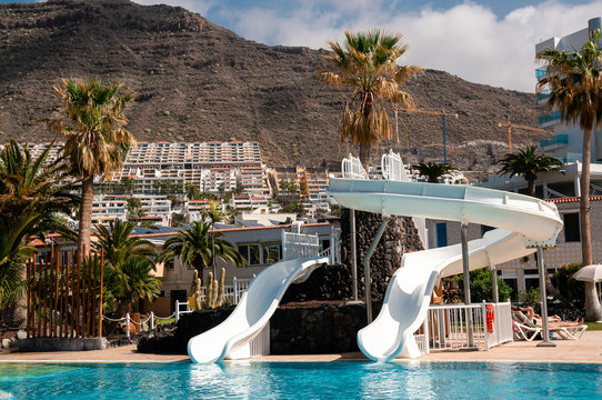 waterslide and pool in a luxury hotel, resort concept