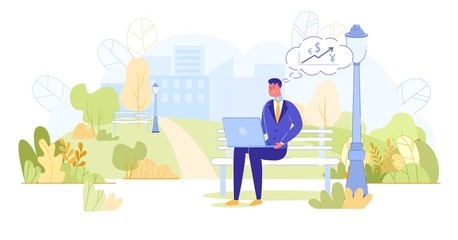 Male Businessman Working on Bench in Lovely Park.