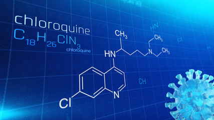 Obraz premium Chloroquini phosphas, chloroquine medicine substance. Drug introduced as treatment for coronavirus (SARS-CoV-2). Active in COVID-19 supportive therapy. Chemical formula on modern tech background