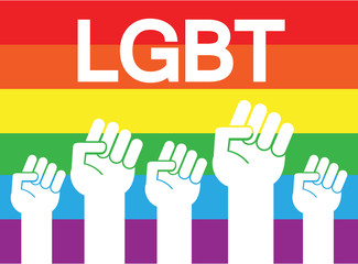 Vector flat white arm fists with pride month lettering text isolated on lgbt rainbow flag background