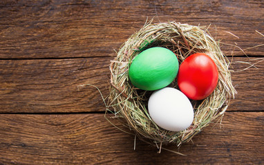 Happy Easter holiday card, Easter eggs as the color of the Italian flag, 