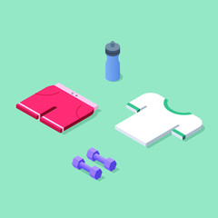 Vector isometric set of sport cloths for training at home, sport bottle of water, dumbbells